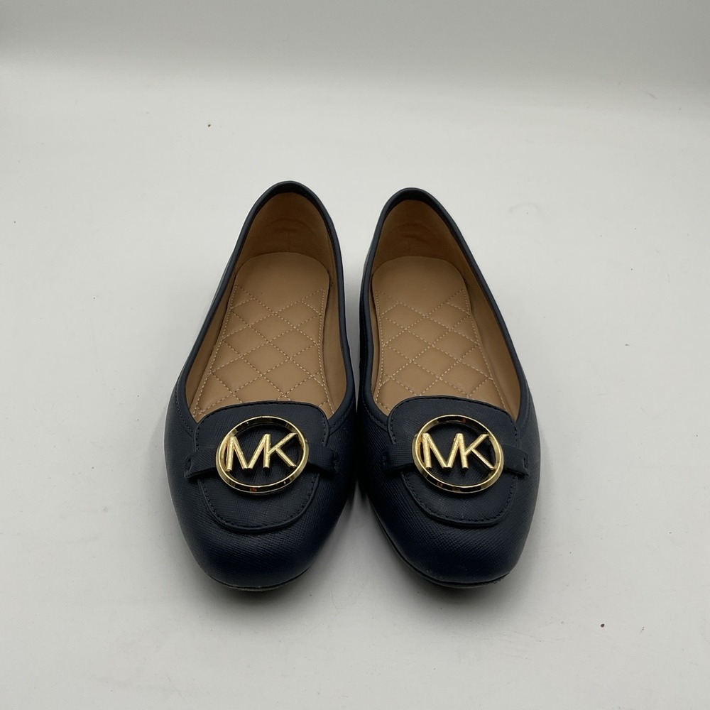 Michael Kors Navy Blue Leather Slip On Flats Logo Medallion Women's Size 8.5